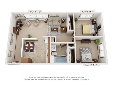 Floor plan for 2 beds, 1 bath, 1000 sqft